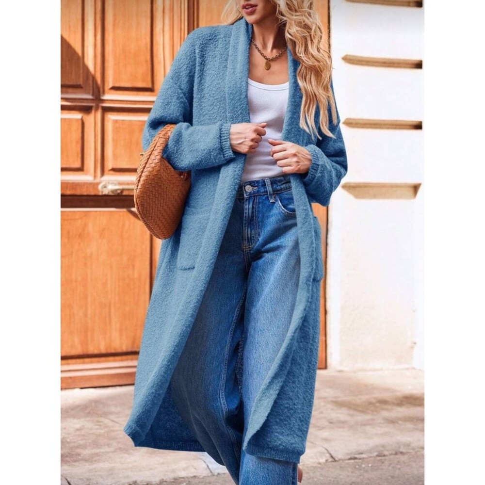 Bohemian Blue Solid Knit Pockets Open Front Long Duster Cardigan S M L